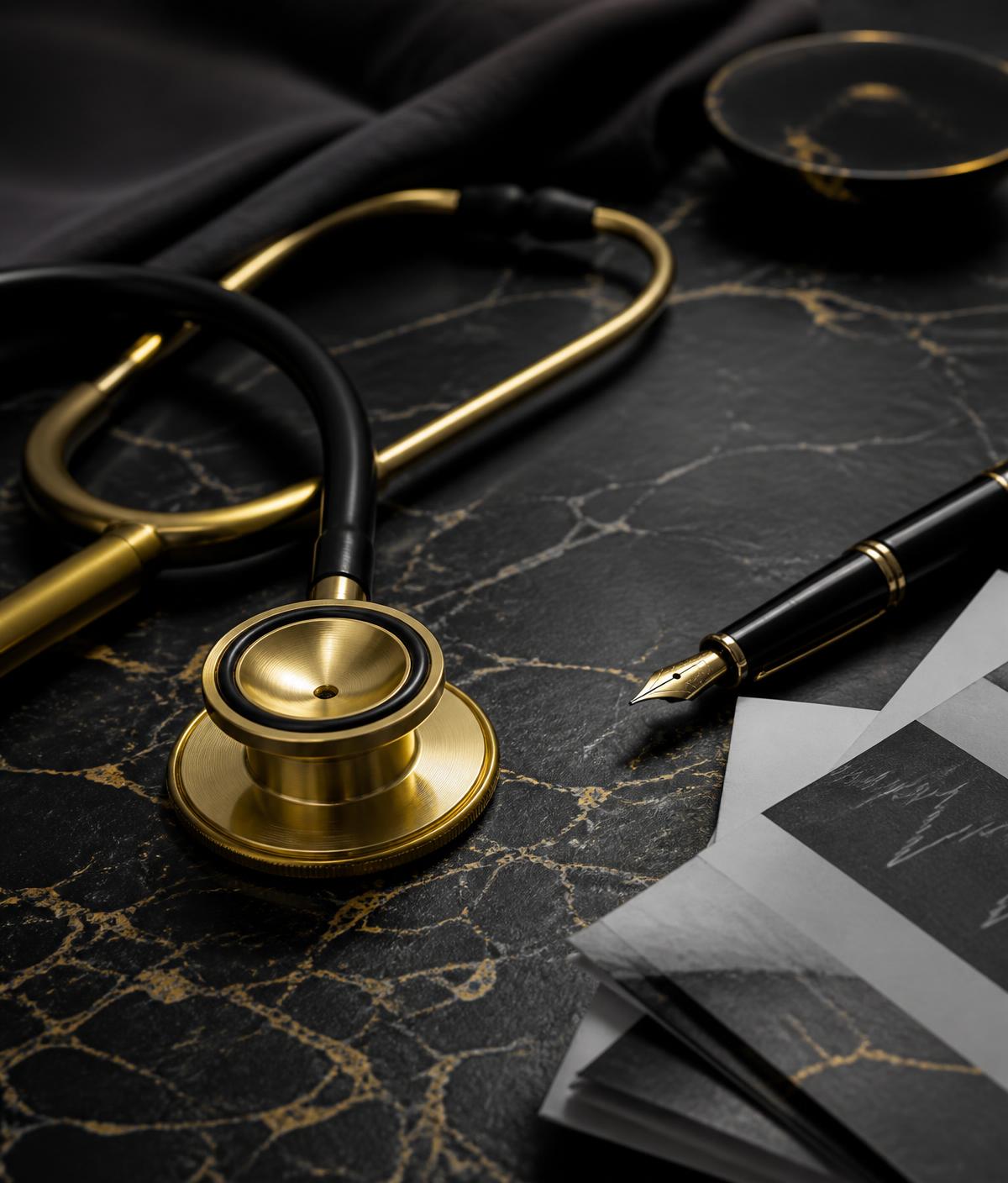 Stéthoscope doré et stylo plume sur un plateau de marbre